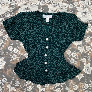 Vintage 1980's JONATHAN MARTIN Green Floral Ruffle Hem Blouse Top Button Front